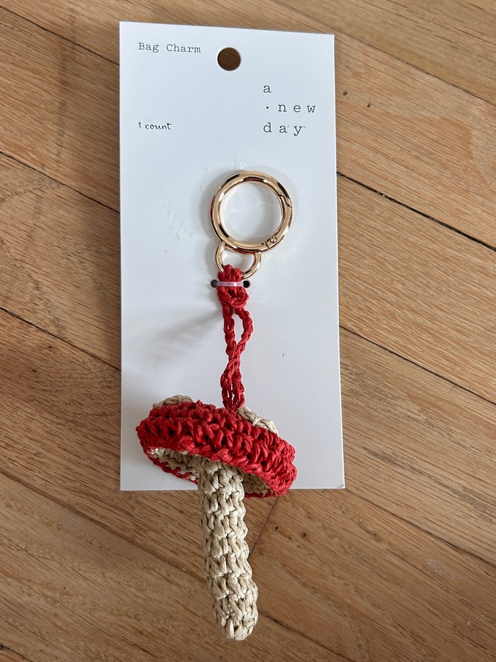 a new day Red and Natural Crochet Mushroom Keychain with Gold Hardware